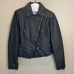 Women’s black leather motorcycle jacket